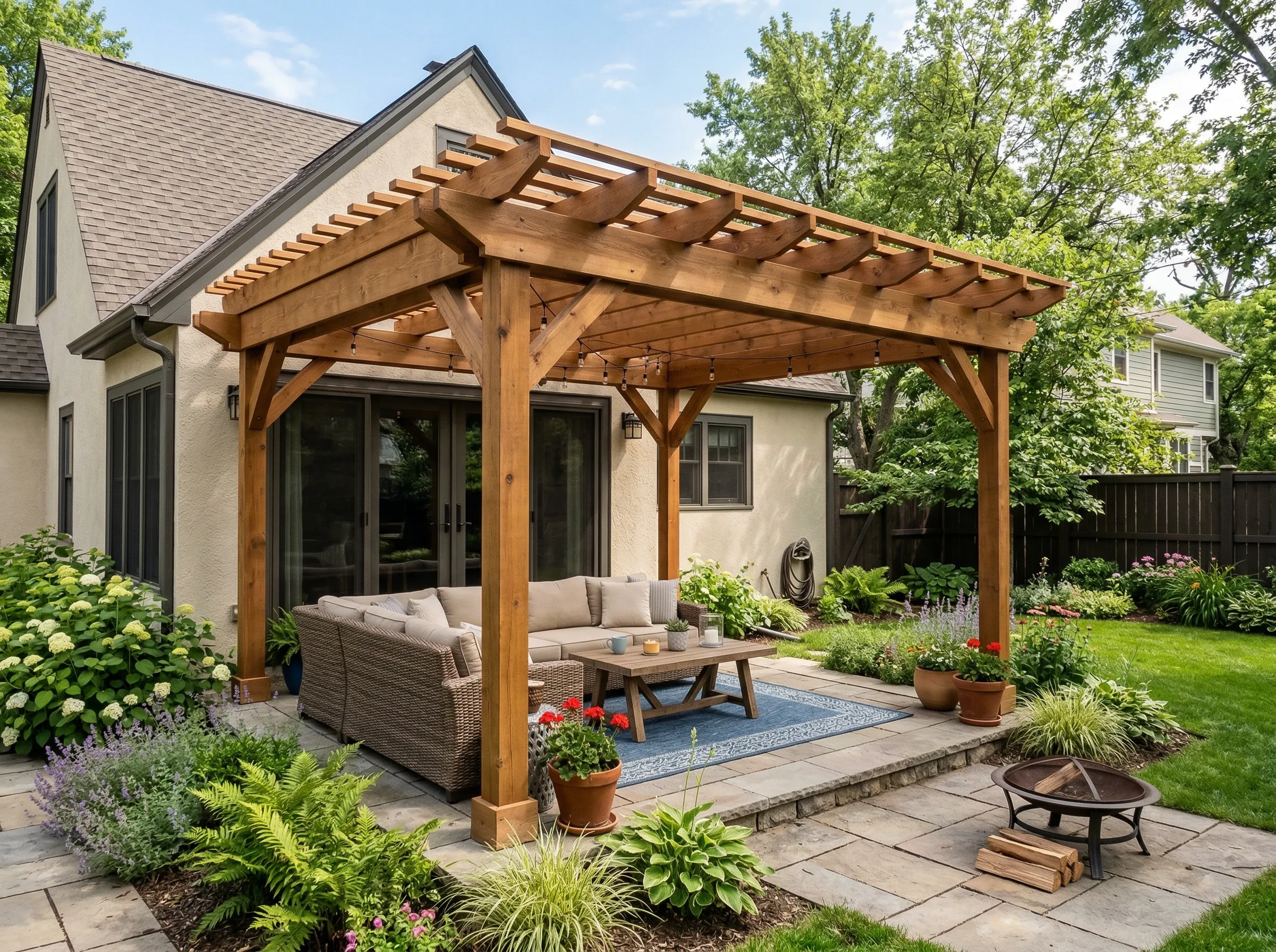 Wooden pergola over a padded patio seating area in a landscaped backyard Everything Yards LLC