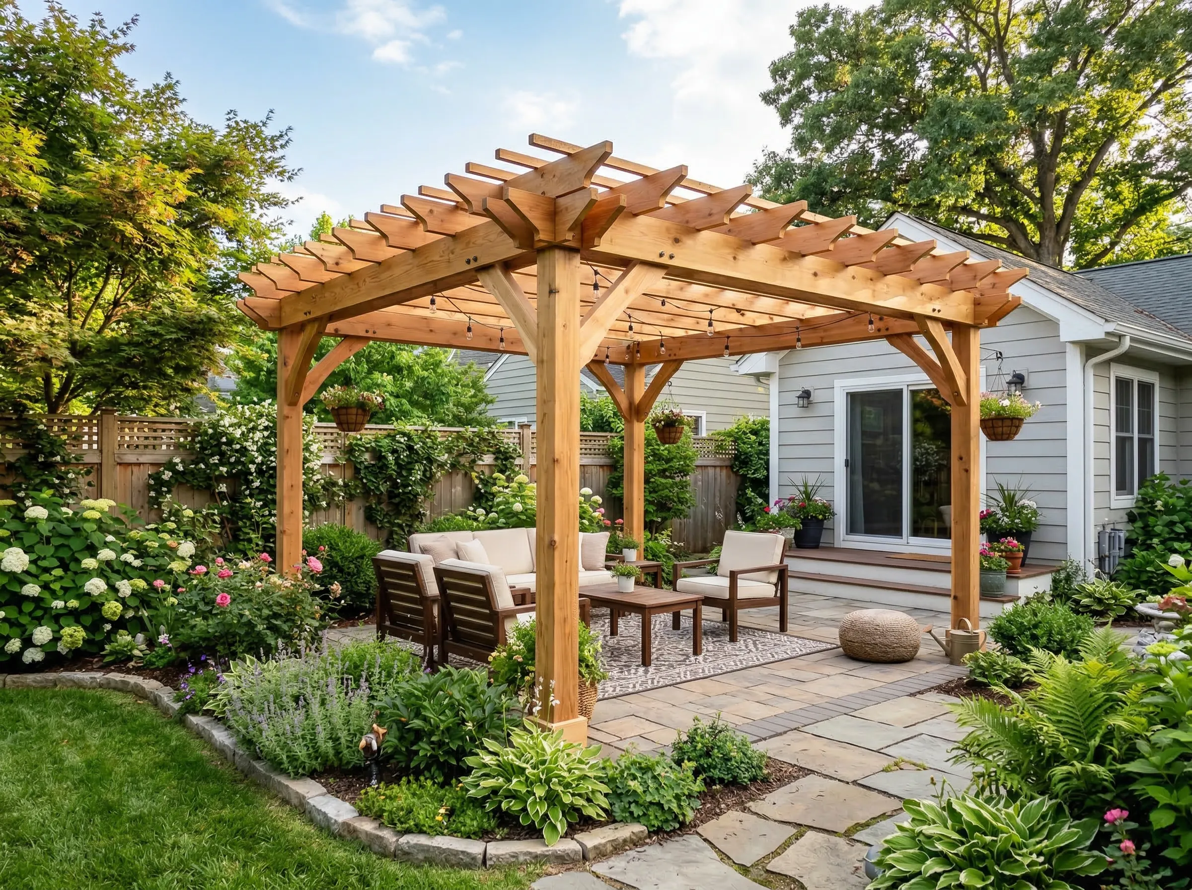 Backyard with a wooden pergola and outdoor seating under string lights surrounded by flowering plants and a gray house Everything Yards LLC